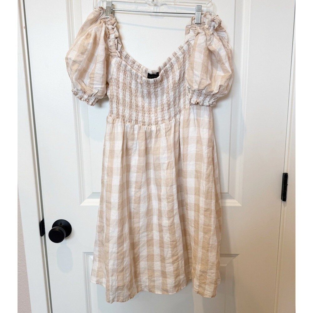 House Of Harlow Linen Gingham Smocked Milkmaid Dress XL Cottagecore Boho Prairie